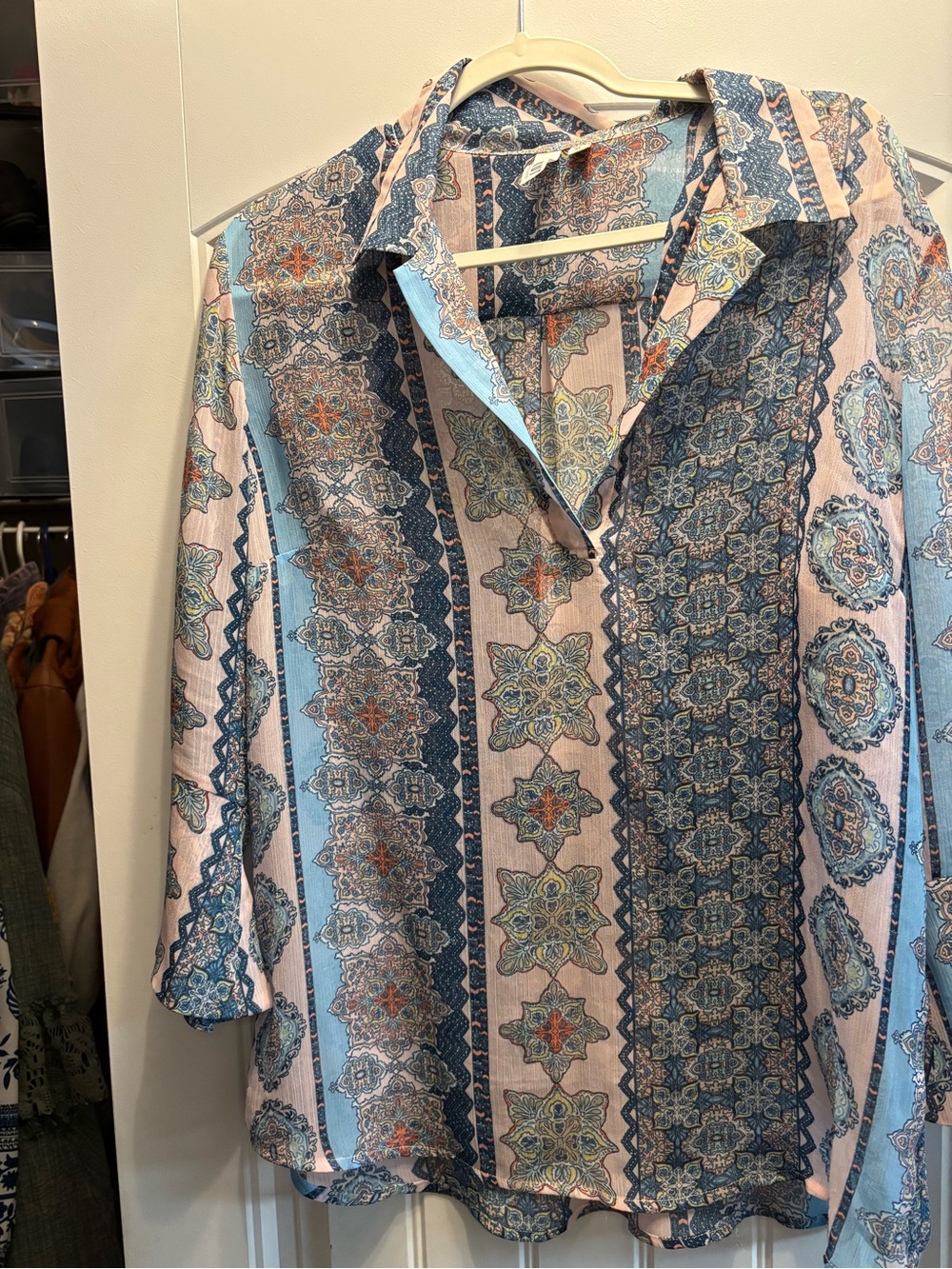 Womens Casual Button-Up Shirt in Blue and Pink Paisley Stripe